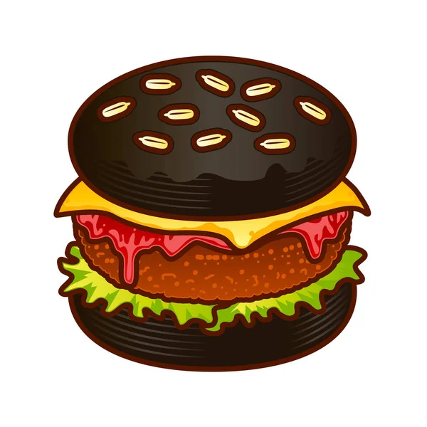 Schwarze Burger Food-Ikone. Cartoon Hand Draw Illustration von Burger für Web-Design, Menü, Spiel isoliert auf weiß — Stockvektor