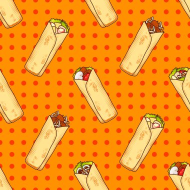 Gıda sorunsuz vektör pop desenle Meksika veya Arapça Fast Food Shaverma kebap kızlar, erkekler için giyim için. Yaratıcı shaurma arka plan. Tekstil ve kumaş için komik duvar kağıdı. Moda stil