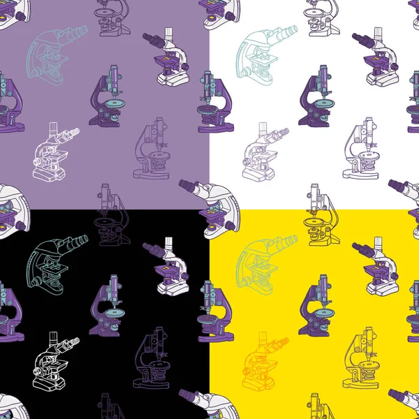 Set van de hand getekende naadloze vector kleurenpatroon met Microscoop pictogram wetenschap elementen. Behang voor jongens, meisjes, kleren. Creatieve achtergrond voor textiel- en stof. Fashion stijl — Stockvector