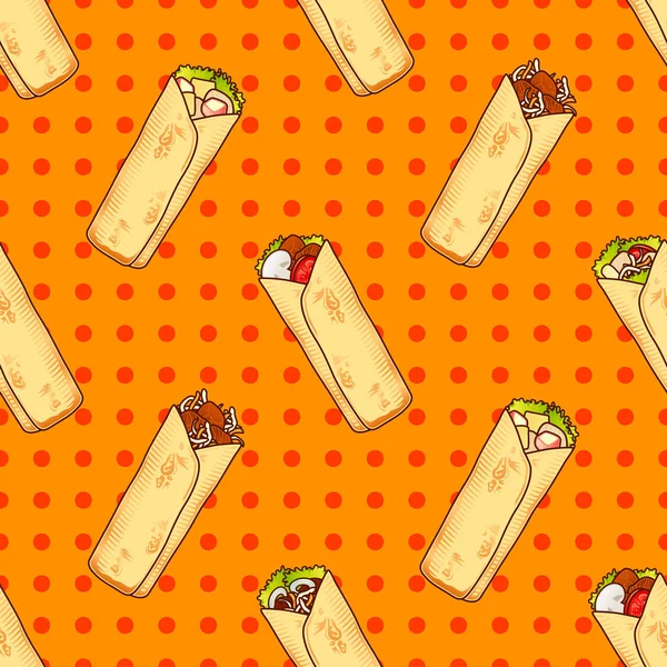 Élelmiszer folytonos vector pop minta a mexikói vagy arab Fast Food Shaverma Kebab, lányok, fiúk, ruhák. Kreatív shaurma háttér. Vicces háttérképek a textil- és szövet. Divat-stílus — Stock Vector