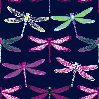 Kızlar, erkekler için giyim için el çekilmiş stilize yusufçuk seamless modeli. Böcek ile yaratıcı arka plan. Tekstil ve kumaş için komik duvar kağıdı. Moda stil. Renkli parlak