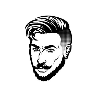Vektör erkekler yüz hipster kafa saç kesimi, bıyık ve sakal sakallı. Silüetler veya avatarlar, amblem ve simgeler, Etiketler için