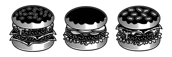 Set ikon makanan Burger Monokrom. Kartun tangan menggambar burger elemen ikon makanan untuk desain web, menu, permainan - Stok Vektor