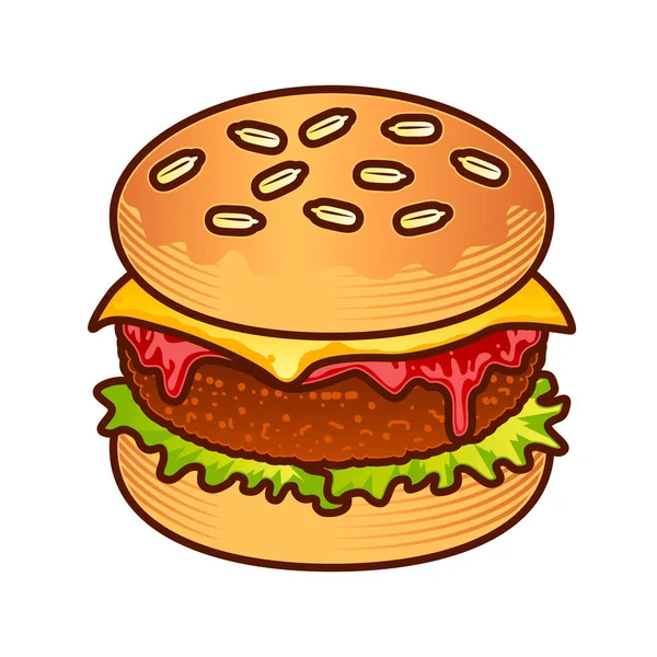 Burger-Ikone. Cartoon Hand Draw Illustration von Burger für Web-Design, Menü, Spiel isoliert auf weiß — Stockvektor