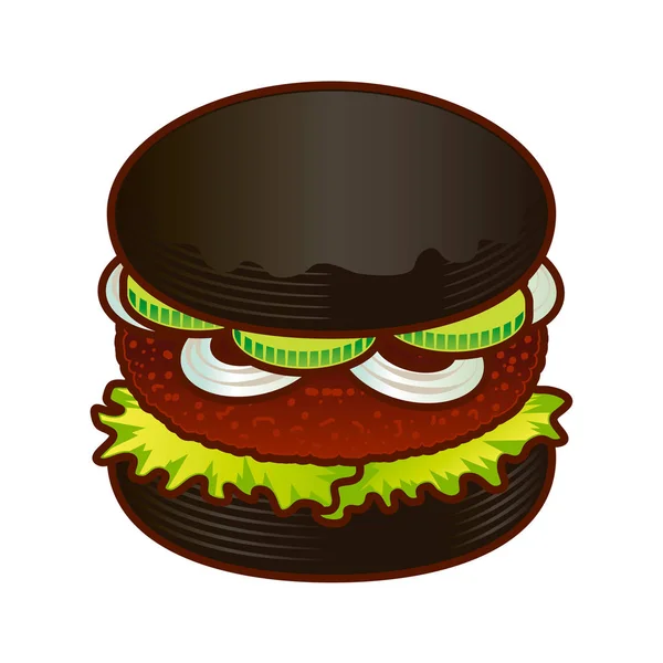 Schwarze Burger Food-Ikone. Cartoon Hand Draw Illustration von Burger für Web-Design, Menü, Spiel isoliert auf weiß — Stockvektor