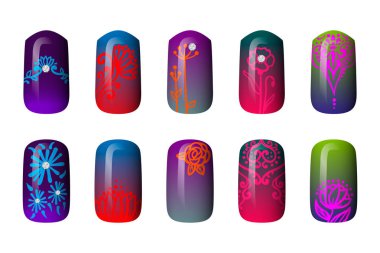 renkli boyalı tırnak çıkartmaları kümesi. Sanat manikür. tırnak cilası. Beyaz bir arka plan üzerinde izole