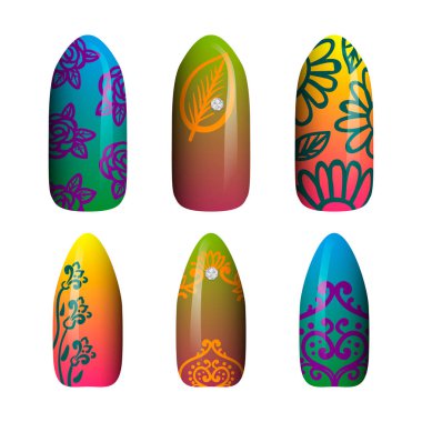 renkli boyalı tırnak çıkartmaları kümesi. Sanat manikür. tırnak cilası. Beyaz bir arka plan üzerinde izole