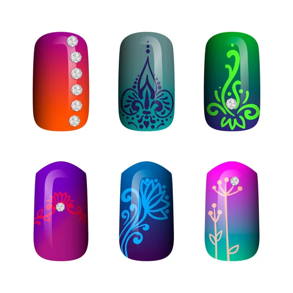 Set gekleurde geschilderde nail stickers. manicure kunst. nagellak. geïsoleerd op een witte achtergrond — Stockvector