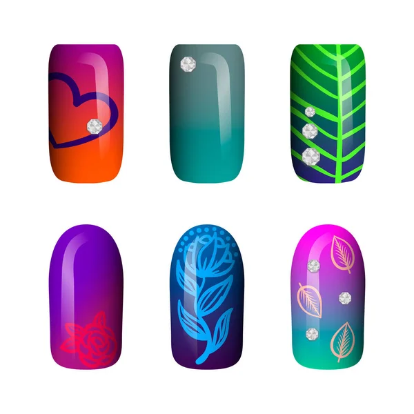 Set gekleurde geschilderde neon nail stickers. manicure kunst. nagellak. geïsoleerd op een witte achtergrond — Stockvector