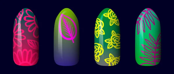 Conjunto de coloridos pintados adesivos de unhas de néon. arte da manicura. verniz para unhas. isolado sobre um fundo escuro — Vetor de Stock