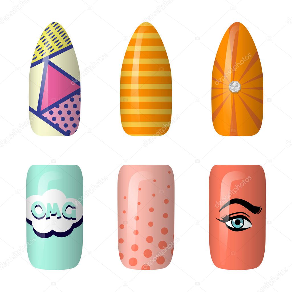 set of colored painted pop art nail stickers. Neon manicure art. nail polish. isolated on a dark background