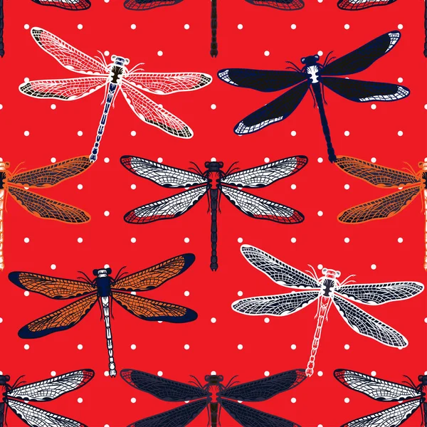 Dibujado a mano libélulas estilizadas patrón sin costura para niñas, niños, ropa. Fondo creativo con insecto. Fondo de pantalla divertido para textil y tela. Estilo de moda. Colorido brillante — Archivo Imágenes Vectoriales
