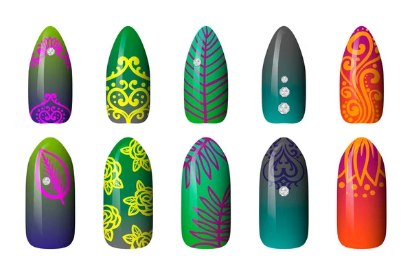 Set gekleurde geschilderde neon nail stickers. manicure kunst. nagellak. geïsoleerd op een witte achtergrond — Stockvector