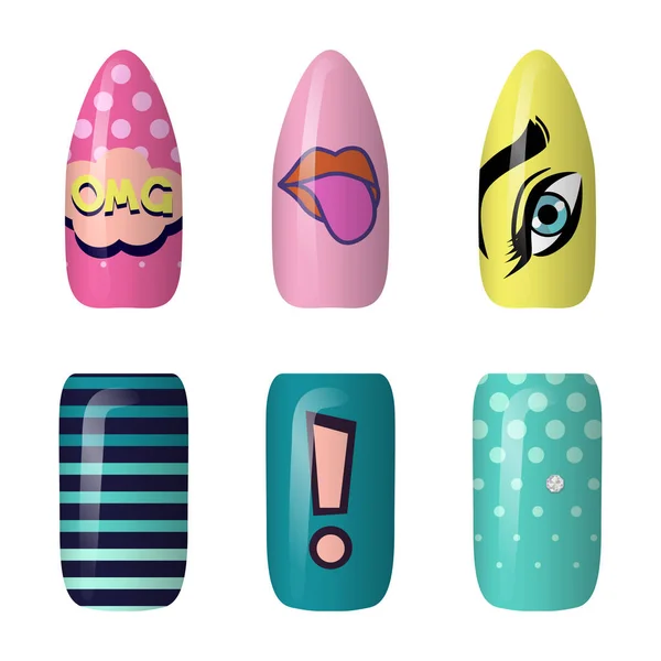 Set gekleurde geschilderde popart nail stickers. Neon manicure art. nagellak. geïsoleerd op een donkere achtergrond — Stockvector