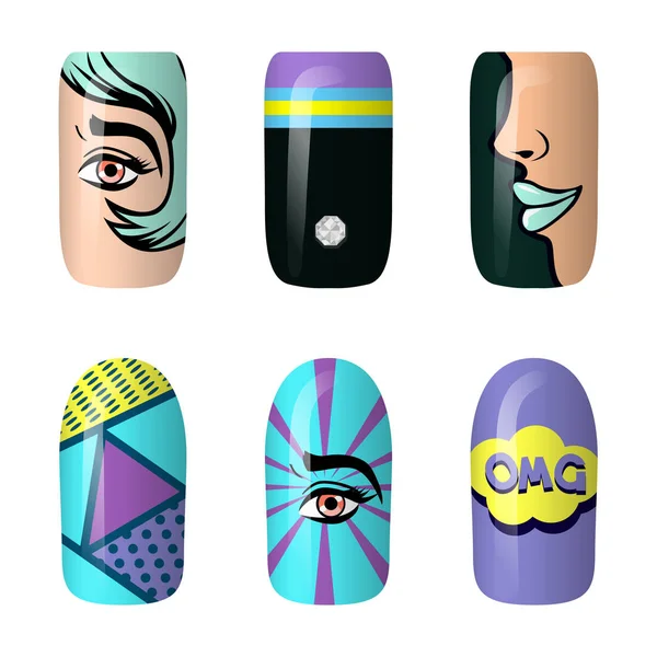 Set of colored painted pop art nail stickers. Neon manicure art. nail polish. isolated on a dark background — Stock Vector