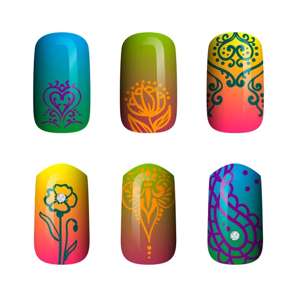 Set gekleurde geschilderde neon nail stickers. manicure kunst. nagellak. geïsoleerd op een witte achtergrond — Stockvector