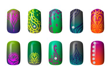 renkli boyalı neon tırnak çıkartmaları ayarlayın. Sanat manikür. tırnak cilası. Beyaz bir arka plan üzerinde izole