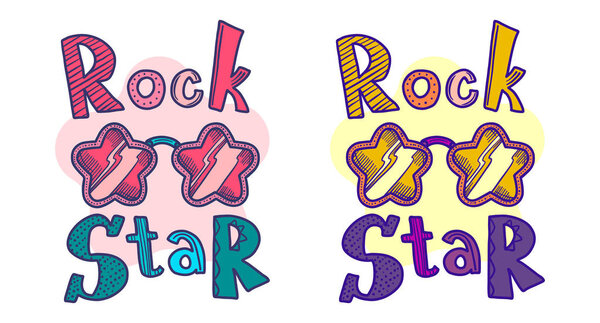 Rock Star vector hand lettering. Typographic print with fun vector illustration. Used for t-shirt print. Set of Stylish t-shirt and apparel design style sunglasses