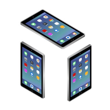 Cep telefonu. Düz izometrik. Hareket eden aygıt. Modern teknolojileri iletişim ve yönetim. Gri smartphone kullanıcı arabirimi simgeleri ile. Dokunmatik ekran. Vektör çizim