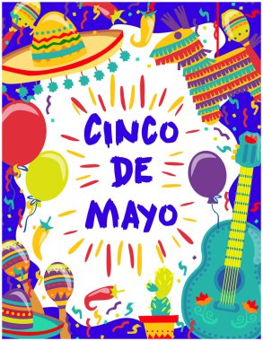 Cinco de Mayo vektör Poster Fiesta elemanları. Meksika öznitelikleri Sombreros, bir gitar, kaktüs ve dekorasyon. Vektör çizim