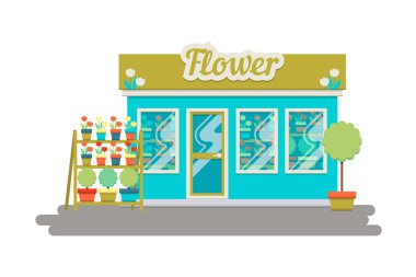 Güzel düz tasarım çiçek Dükkanı cephesi ile ağaç. Çizgi film çiçekçi konum arka plan. Vektör düz illüstrasyon inşaat simgesi. Tasarım web, iş ilanları, reklam için simgeler