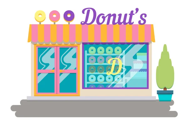 Vector flat design illustration of sweets shop building. Signboard with big donut. Showcase with donuts types. Isolated on white background — Stock Vector