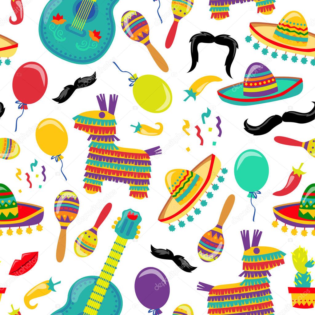 Cinco de Mayo Vector Seamles Pattern with Fiesta Elements. Mexican Attributes Sombreros, a Guitar, Cactus and decoration. Vector illustration