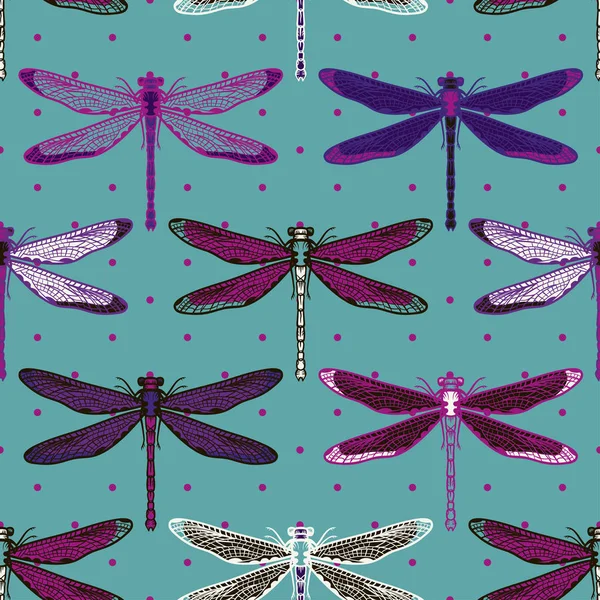 Dibujado a mano libélulas estilizadas patrón sin costura para niñas, niños, ropa. Fondo creativo con insecto. Fondo de pantalla divertido para textil y tela. Estilo de moda. Colorido brillante — Archivo Imágenes Vectoriales