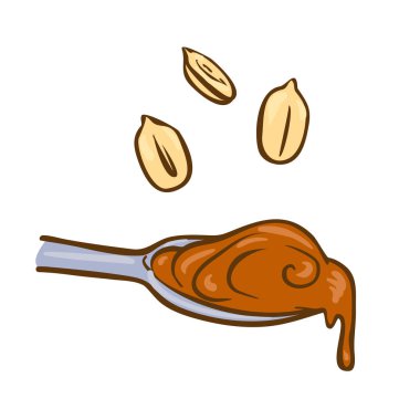 Kaşığı fıstık ezmesi doodle vektör simgesi. Web tasarımı için fıstık simgesinin illüstrasyon karikatür. Fındık üzerinde beyaz backgraund çizilmiş amblem ve etiketleri isoleted el