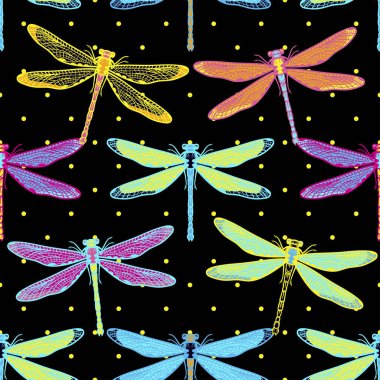 Kızlar, erkekler için giyim için el çekilmiş stilize yusufçuk seamless modeli. Böcek ile yaratıcı arka plan. Tekstil ve kumaş için komik duvar kağıdı. Moda stil. Renkli parlak