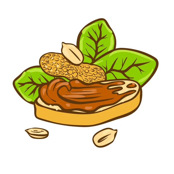 Erdnussbutter auf Brot-Doodle-Vektor-Symbol. Cartoon-Illustration des Erdnuss-Symbols für Webdesign. Handgezeichnete Embleme und Etiketten auf weißem Untergrund — Stockvektor