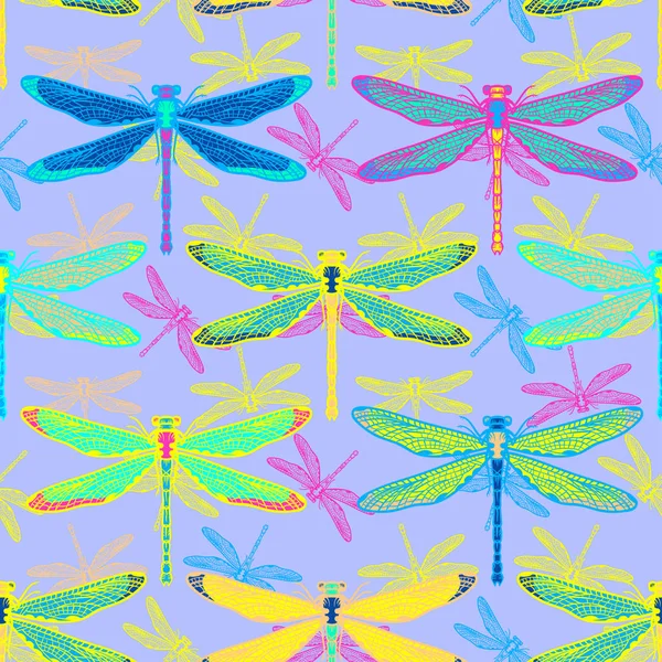 Dibujado a mano libélulas estilizadas patrón sin costura para niñas, niños, ropa. Fondo creativo con insecto. Fondo de pantalla divertido para textil y tela. Estilo de moda. Colorido brillante — Vector de stock