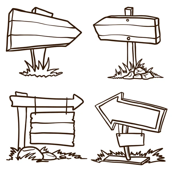 Doodle houten uithangbord IconSet. Hand getekende cartoon van hout uithangbord vector pictogram voor web design geïsoleerd op witte achtergrond — Stockvector