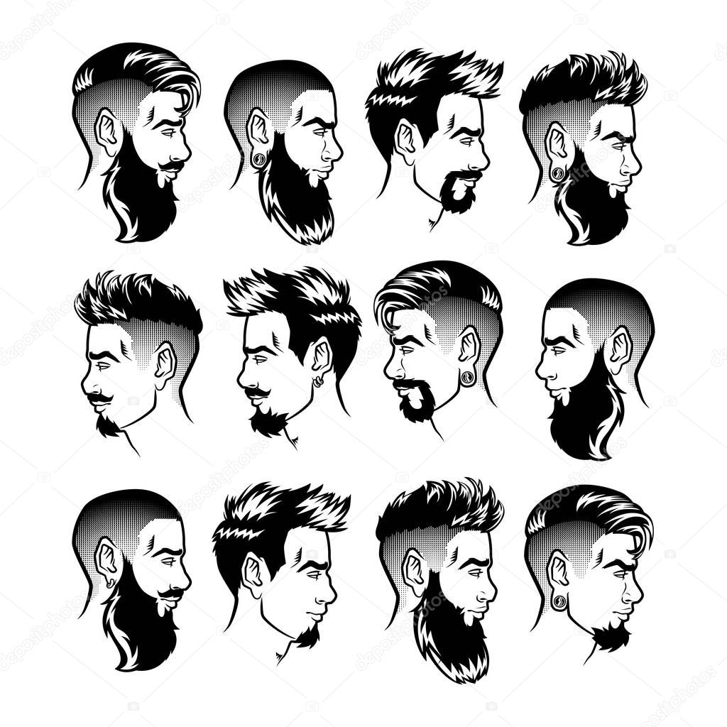 Set of vector bearded men faces profile hipsters heads with different haircuts, mustaches, beards. Silhouettes or avatars, emblems and icons, labels