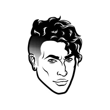 Vektör erkekler hipster kafa saç kesimi ile karşı karşıya. Avatarlar, amblem ve simgeler için etiketleri