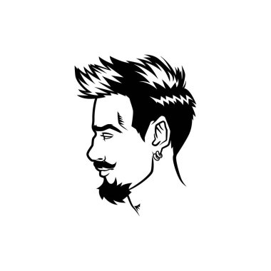 Vektör erkekler yüz profili hipster kafa saç kesimi, bıyık ve sakal sakallı. Silüetler veya avatarlar, amblem ve simgeler, Etiketler için