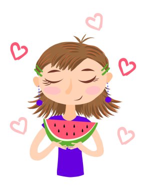 El çekilmiş güzel şirin kızla karpuz onun elinde. Yaz tişört baskı tasarımı