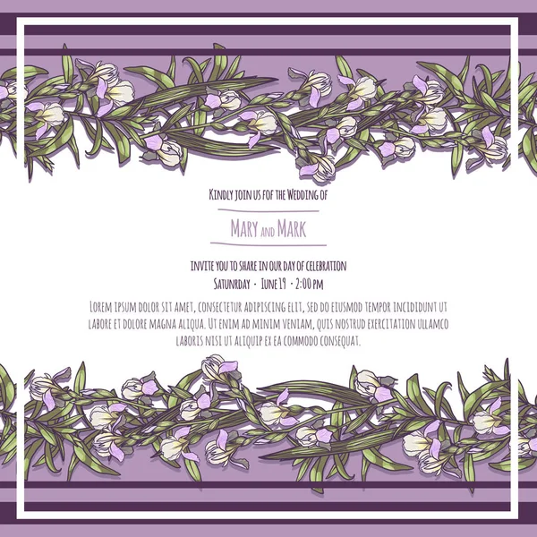 Bröllops kort med orden och handritade blommiga element Iris för hotellet, skönhetssalongen, Spa, restaurang, klubb. Vektor illustration — Stock vektor