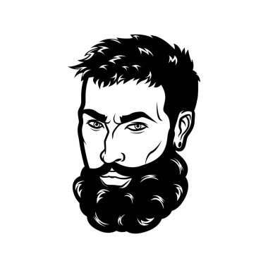 Vektör erkekler yüz hipster kafa saç kesimi, bıyık ve sakal sakallı. Silüetler veya avatarlar, amblem ve simgeler, Etiketler için