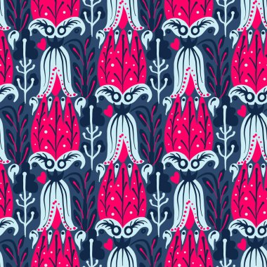 El yaz çiçek ve otlar vintage Hohloma çiçek elemanları ile çizilmiş desen. Beyaz mavi sarı