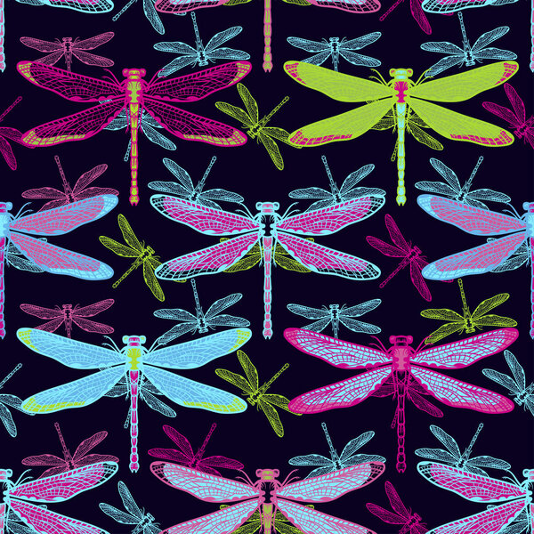 Hand drawn stylized dragonflies seamless pattern for girls, boys, clothes. Creative background with insect. Funny wallpaper for textile and fabric. Fashion style. Colorful bright