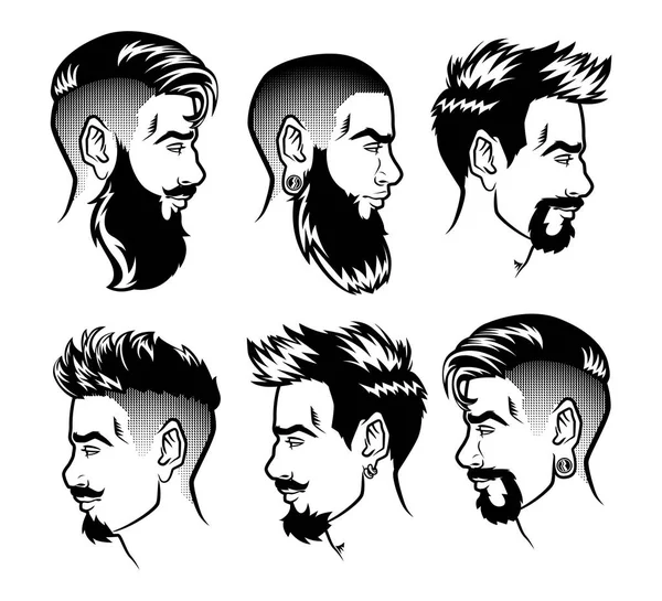 Conjunto de vectores hombres barbudos caras perfil cabezas hipsters con diferentes cortes de pelo, bigotes, barbas. Siluetas o avatares, emblemas e iconos, etiquetas — Vector de stock