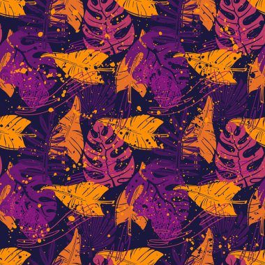 Soyut Dikişsiz vektör tropikal kızlar, Erkek, giysi için desen yaprakları. Orman ile yaratıcı arka plan. Tekstil ve kumaş için komik botanik duvar kağıdı. Moda tarzı. Renkli parlak