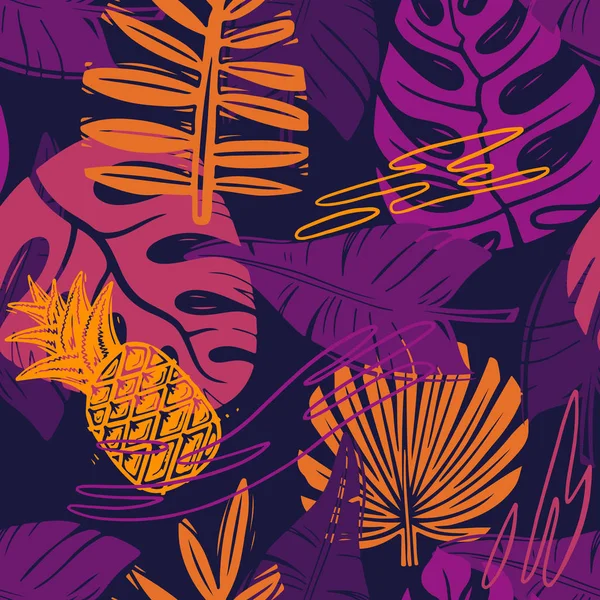 Patrón abstracto de hojas tropicales vectoriales sin costura para niñas, niños, ropa. Fondo creativo con la selva. Fondo de pantalla botánico divertido para textil y tela. Estilo de moda. Colorido brillante — Vector de stock