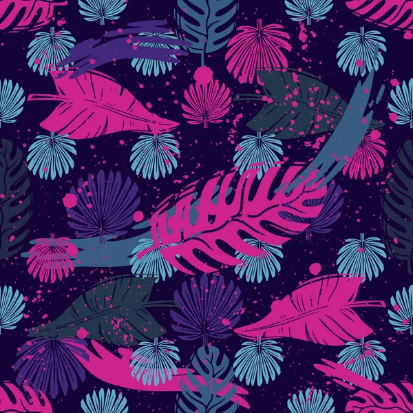 Patrón abstracto de hojas tropicales vectoriales sin costura para niñas, niños, ropa. Fondo creativo con la selva. Fondo de pantalla botánico divertido para textil y tela. Estilo de moda. Colorido brillante — Vector de stock