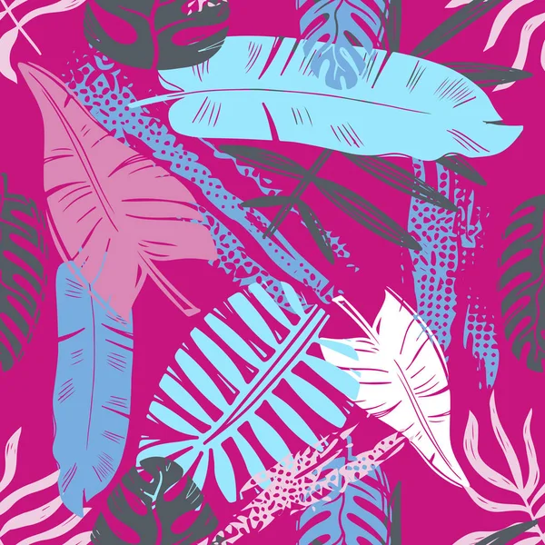 Patrón abstracto de hojas tropicales vectoriales sin costura para niñas, niños, ropa. Fondo creativo con la selva. Fondo de pantalla botánico divertido para textil y tela. Estilo de moda. Colorido brillante — Vector de stock
