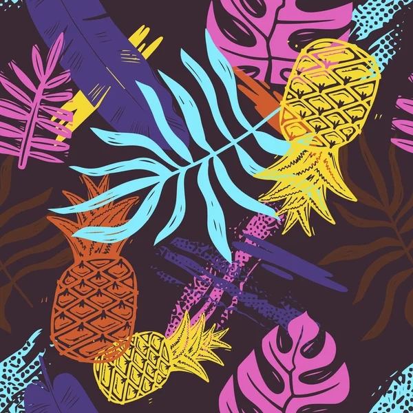 Абстрактный бесшовный векторный рисунок тропических листьев для девочек, мальчиков, одежды. Творческий фон с джунглями. Смешные ботанические обои для текстиля и ткани. Стиль моды. Красочный яркий — стоковый вектор