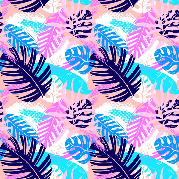 Abstrakte nahtlose Vektor tropischen Blättern Muster für Mädchen, Jungen, Kleidung. Kreativer Hintergrund mit Dschungel. lustige botanische Tapete für Textilien und Stoffe. Mode-Stil. Bunt leuchtend — Stockvektor