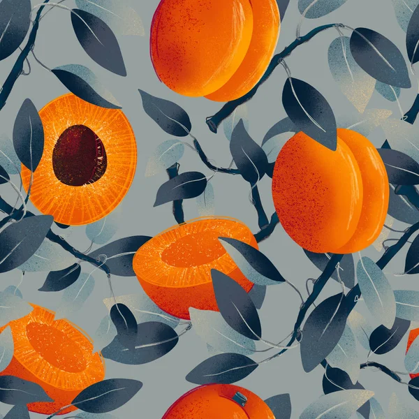 Apricots and tree branches summer color seamless pattern