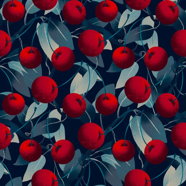 Maturare ciliegie rosse e foglie colore retrò modello senza soluzione di continuità — Foto Stock